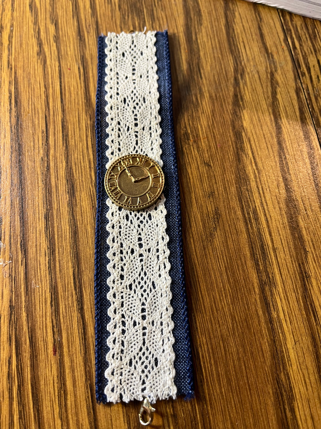 Time Well Spent navy denim and lace wrist wrap full length showing silver lobster clasp