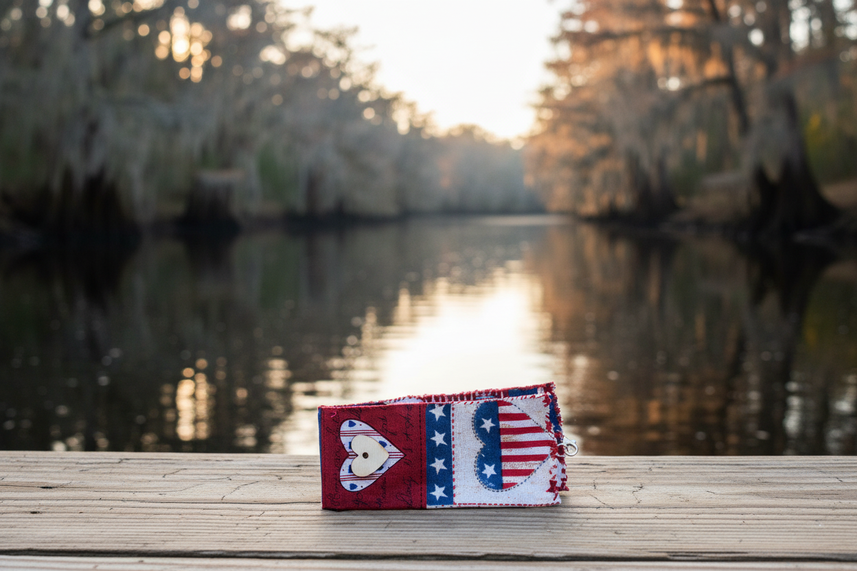 Hearts Around America fabric wrist cuff on a Lowcountry river dock