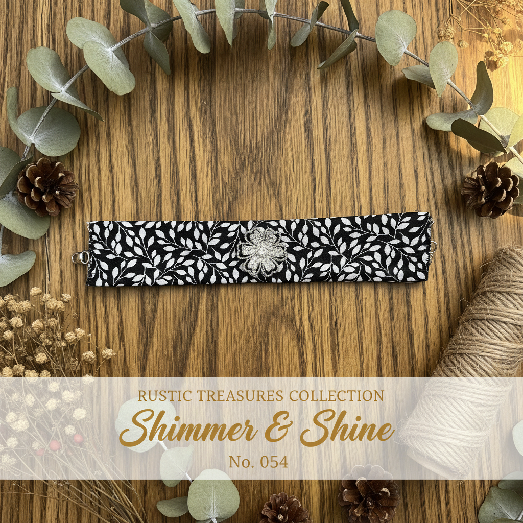 Black and white leaf print wrist wrap with silver rhinestone flower brooch on weathered wood