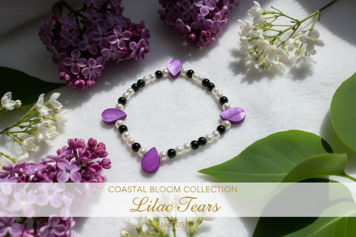 Lilac Tears beaded stretch bracelet — Coastal Bloom Collection No. 051