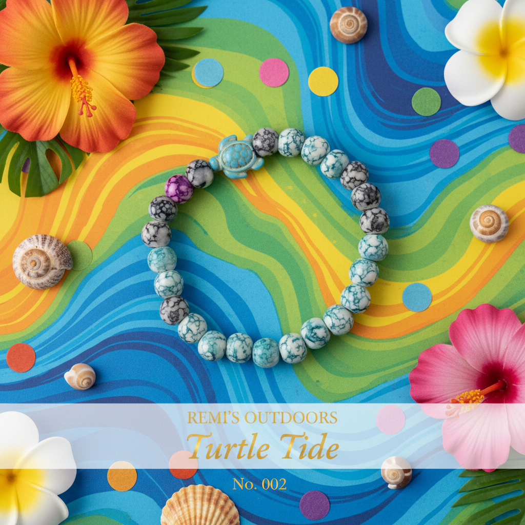 Teal marbled stretch bracelet with sea turtle charm and purple accent bead
