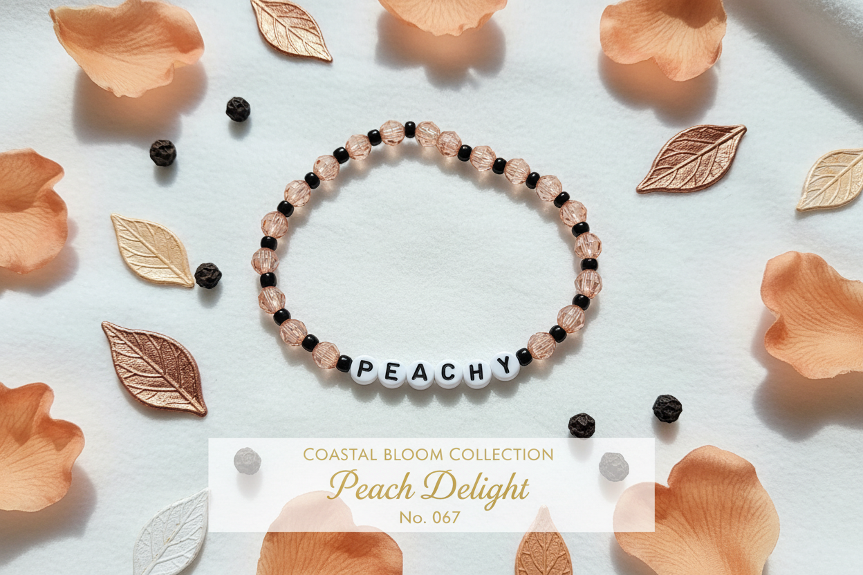 Peach Delight PEACHY word beaded stretch bracelet — Coastal Bloom Collection No. 067
