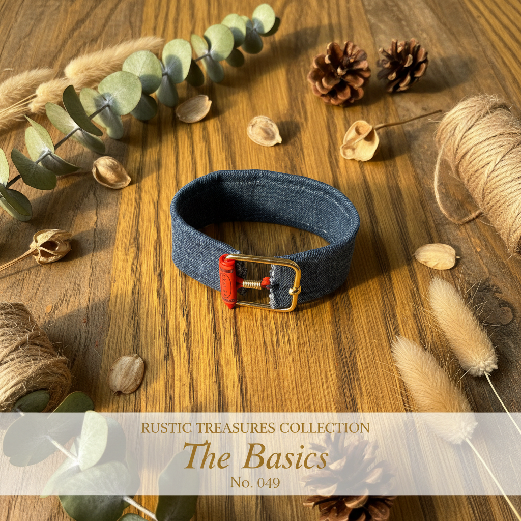 Denim wrist wrap with ABC chalkboard and crayon charms on weathered wood surface