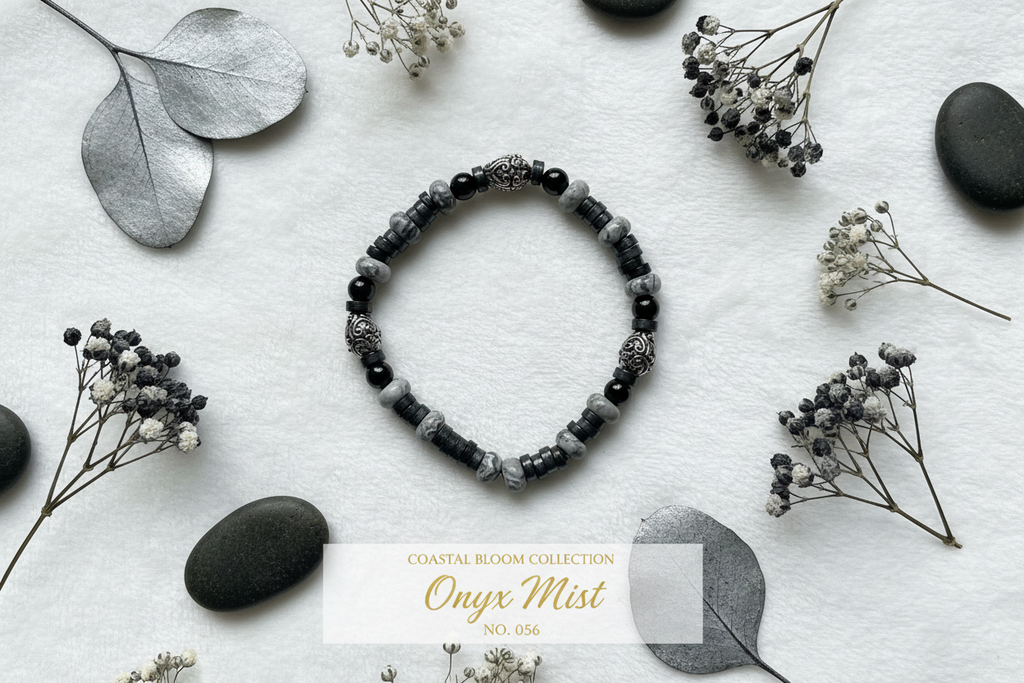 Onyx Mist beaded stretch bracelet — Coastal Bloom Collection No. 056