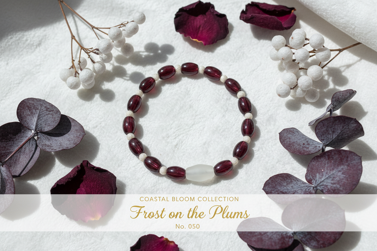 Frost on the Plums beaded stretch bracelet — Coastal Bloom Collection No. 050
