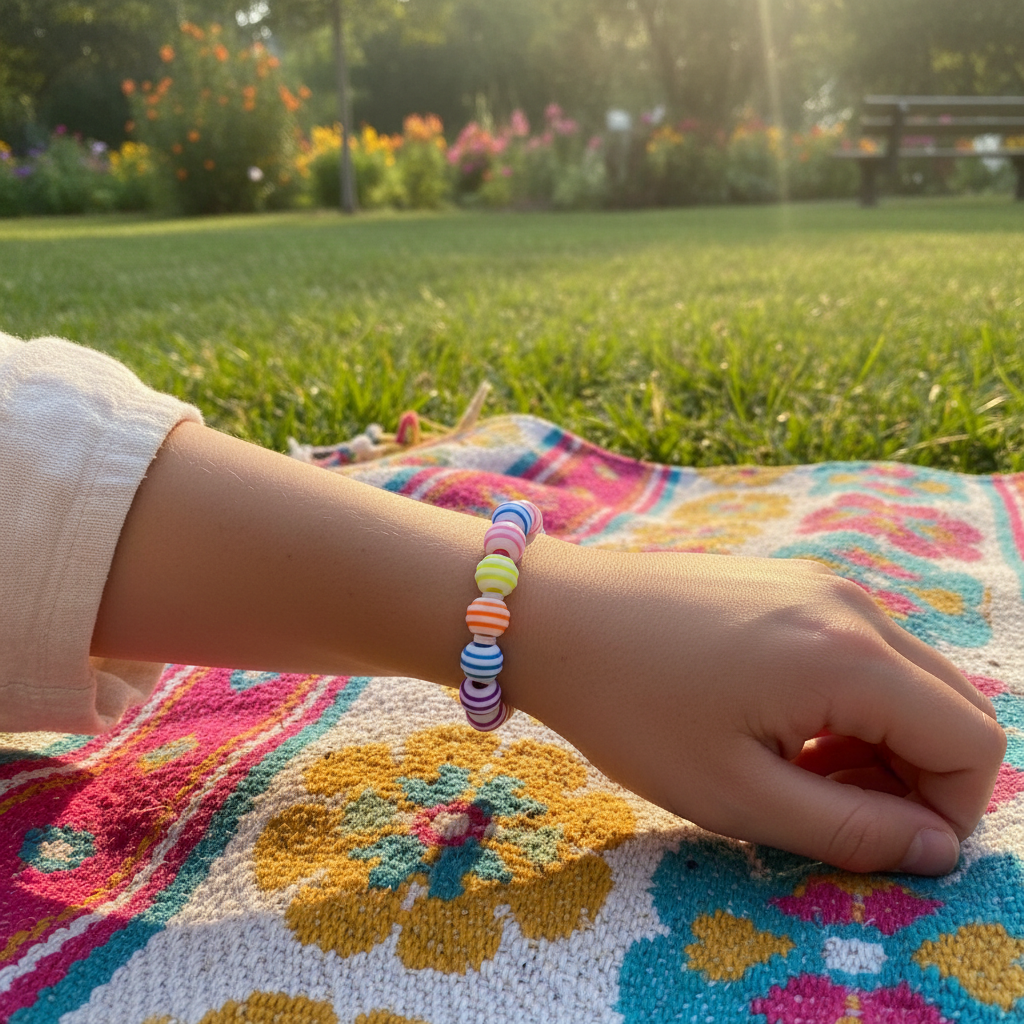 Rainbow Taffy colorful striped beaded stretch bracelet worn outdoors on a colorful blanket in a sunny park — Remi's Outdoors Collection lifestyle shot