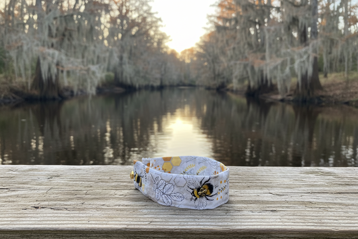 Bee Still fabric wrist cuff on a Lowcountry river dock