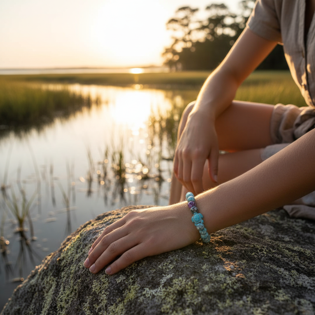 Turtle Tide teal and white marbled beaded stretch bracelet worn outdoors by a coastal marsh — Remi's Outdoors Collection lifestyle shot
