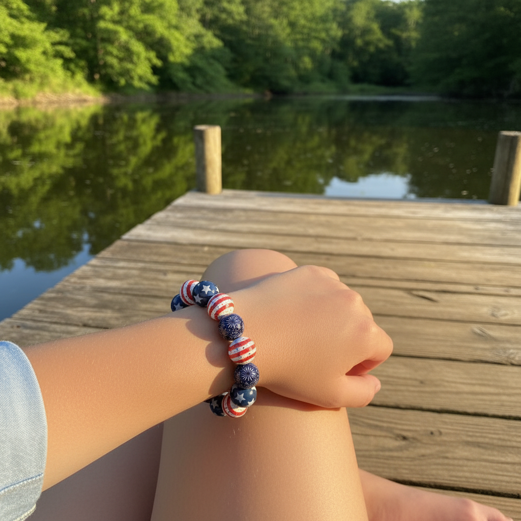 Stars & Stripes Too patriotic beaded stretch bracelet worn outdoors on a wooden dock — Remi's Outdoors Collection lifestyle shot