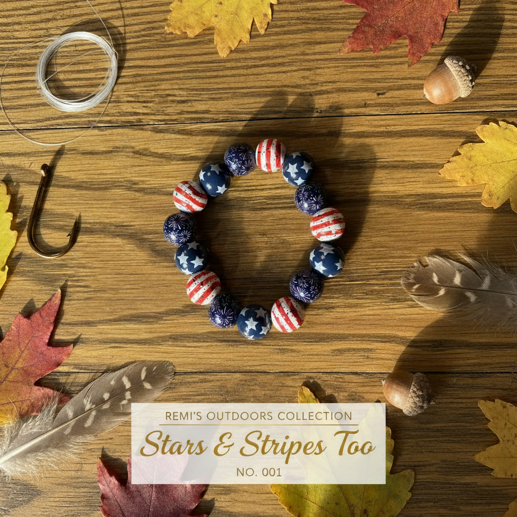 Stars & Stripes Too patriotic beaded stretch bracelet with bold stars, stripes, and fireworks beads in red, white, and blue — Remi's Outdoors Collection No. 001