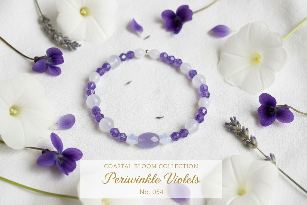 Periwinkle Violets beaded stretch bracelet — Coastal Bloom Collection No. 054