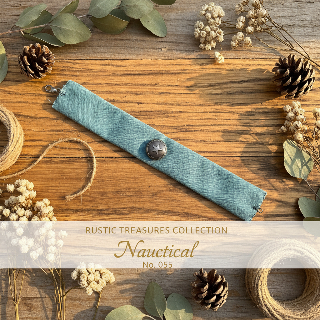 Teal wrist wrap with gunmetal star concho button on weathered wood surface