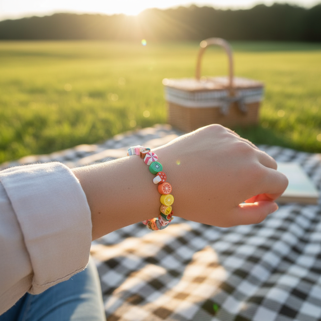 Sweet Treats colorful fimo bead stretch bracelet worn outdoors on a sunny picnic blanket — Remi's Outdoors Collection lifestyle shot