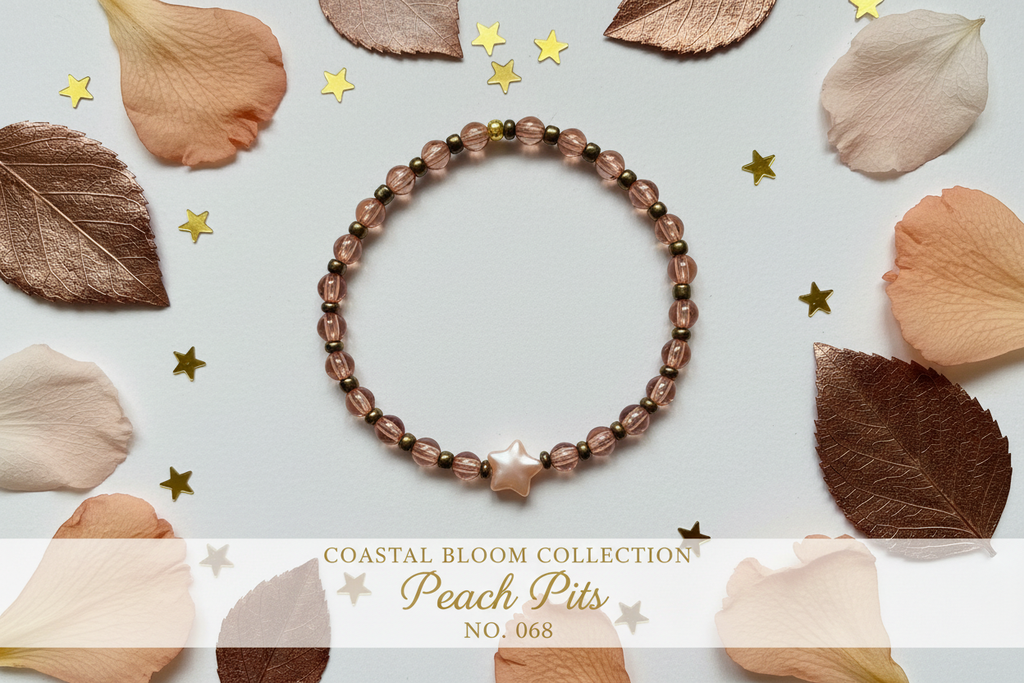 Peach Pits beaded stretch bracelet with pearl star focal — Coastal Bloom Collection No. 068