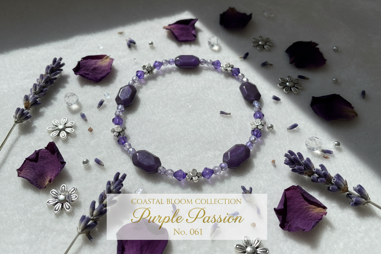 Purple Passion beaded stretch bracelet — Coastal Bloom Collection No. 061