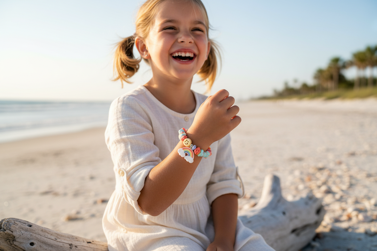 Rainbow Fun-Peach model shot - Driftwood Darlings Collection