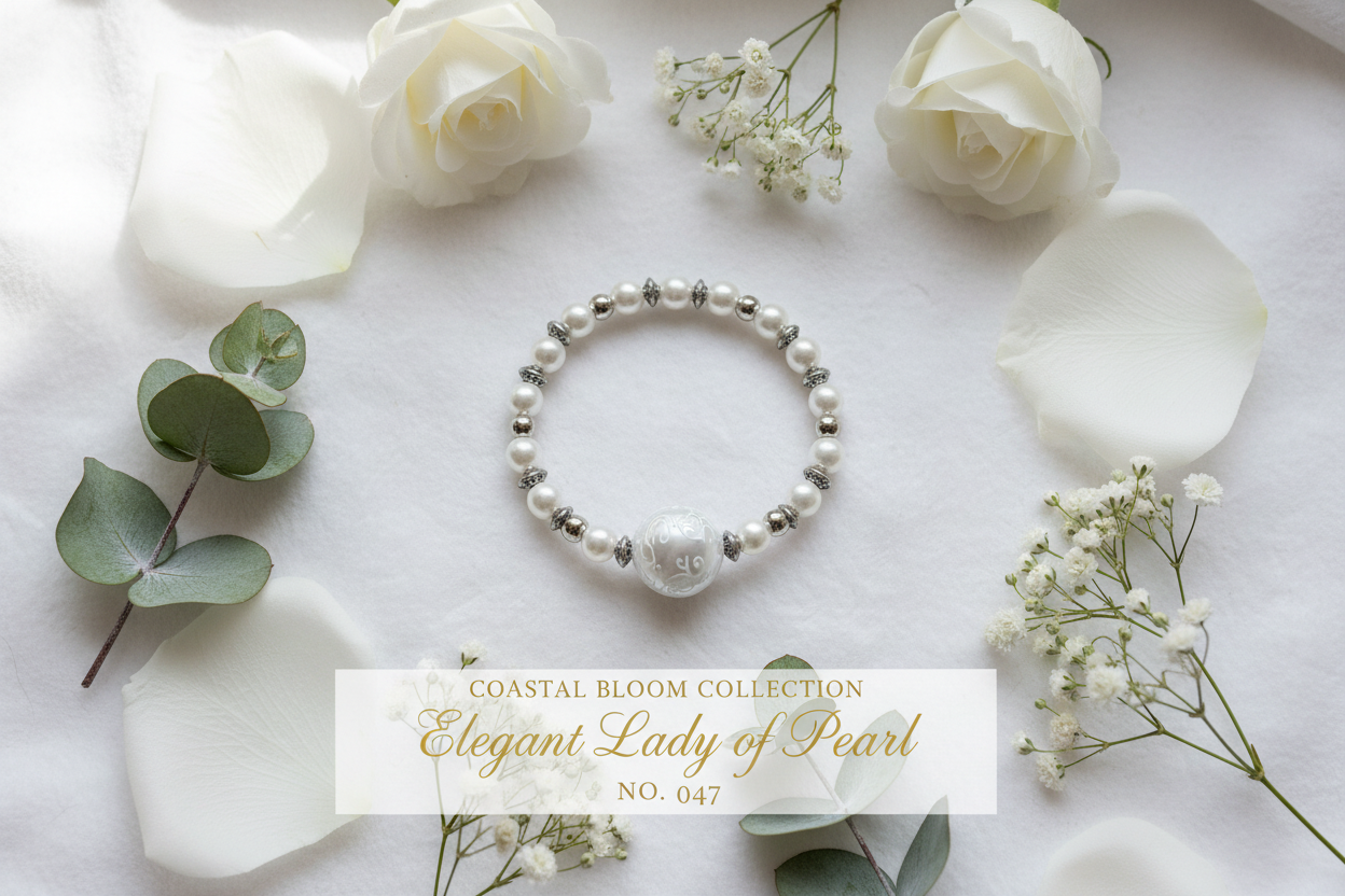 Elegant Lady of Pearl beaded stretch bracelet — Coastal Bloom Collection No. 047