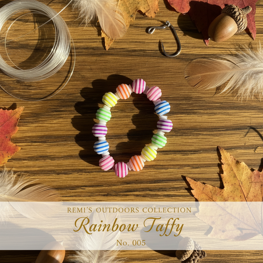 Rainbow Taffy colorful striped beaded stretch bracelet with white beads wrapped in individual rainbow color stripes — Remi's Outdoors Collection No. 005
