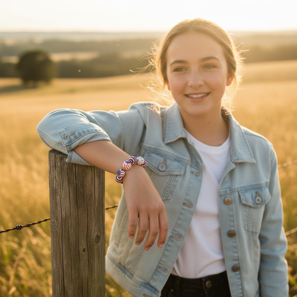 All American patriotic beaded stretch bracelet worn outdoors by a wooden fence post in a sunny field — Remi's Outdoors Collection lifestyle shot