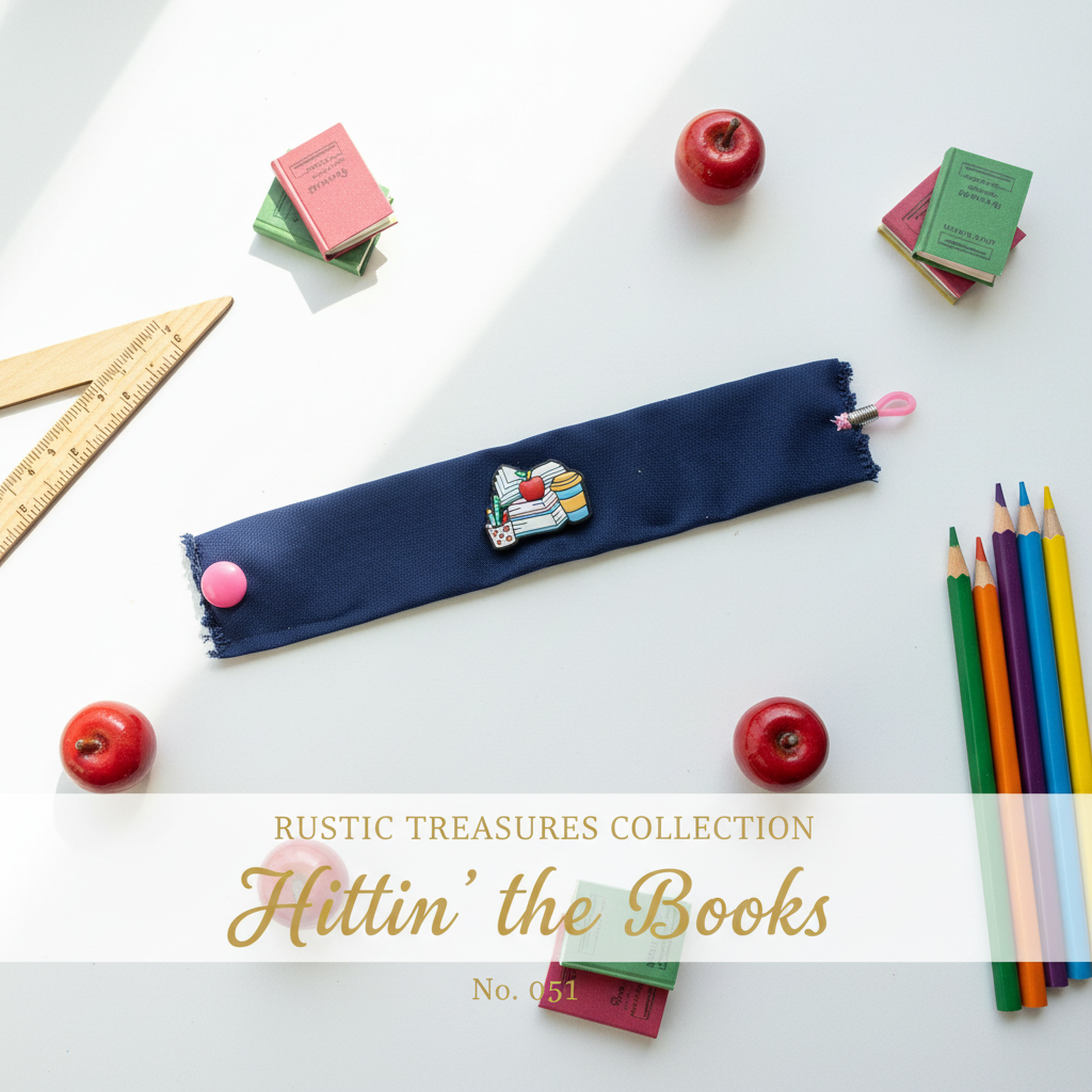 Navy wrist wrap with books and apple charm on bright white surface with school accents