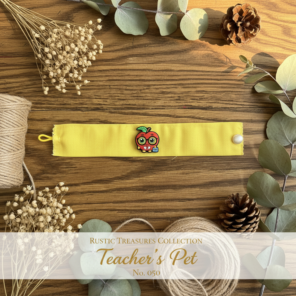 Yellow wrist wrap with apple teacher charm on weathered wood surface