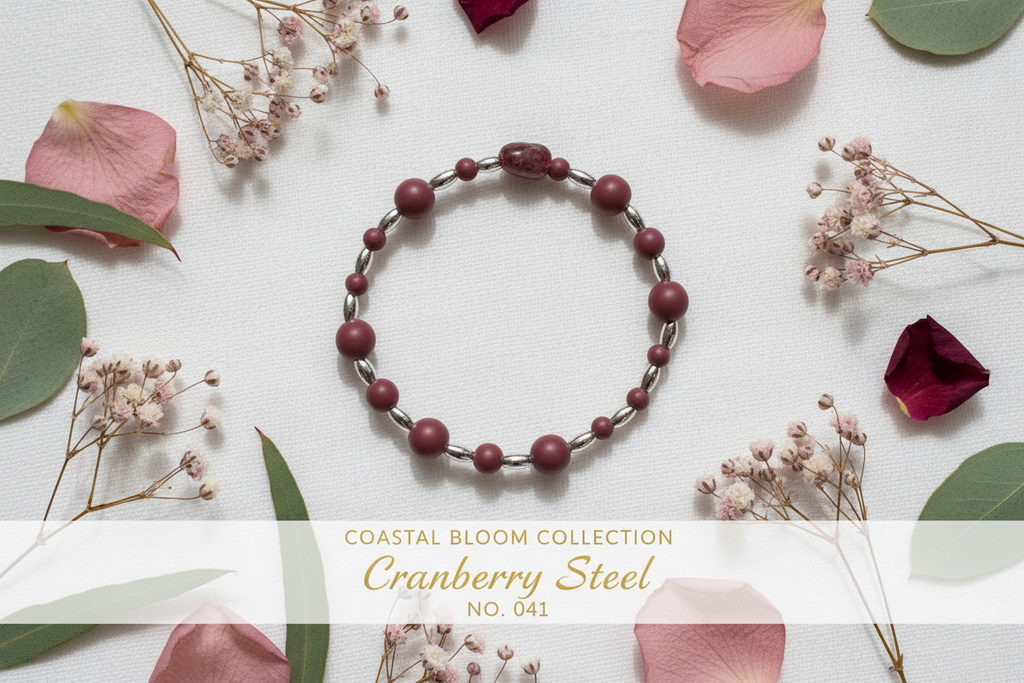 Cranberry Steel beaded stretch bracelet — Coastal Bloom Collection No. 041