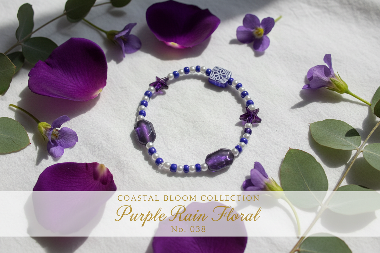 Purple Rain Floral beaded stretch bracelet — Coastal Bloom Collection No. 038