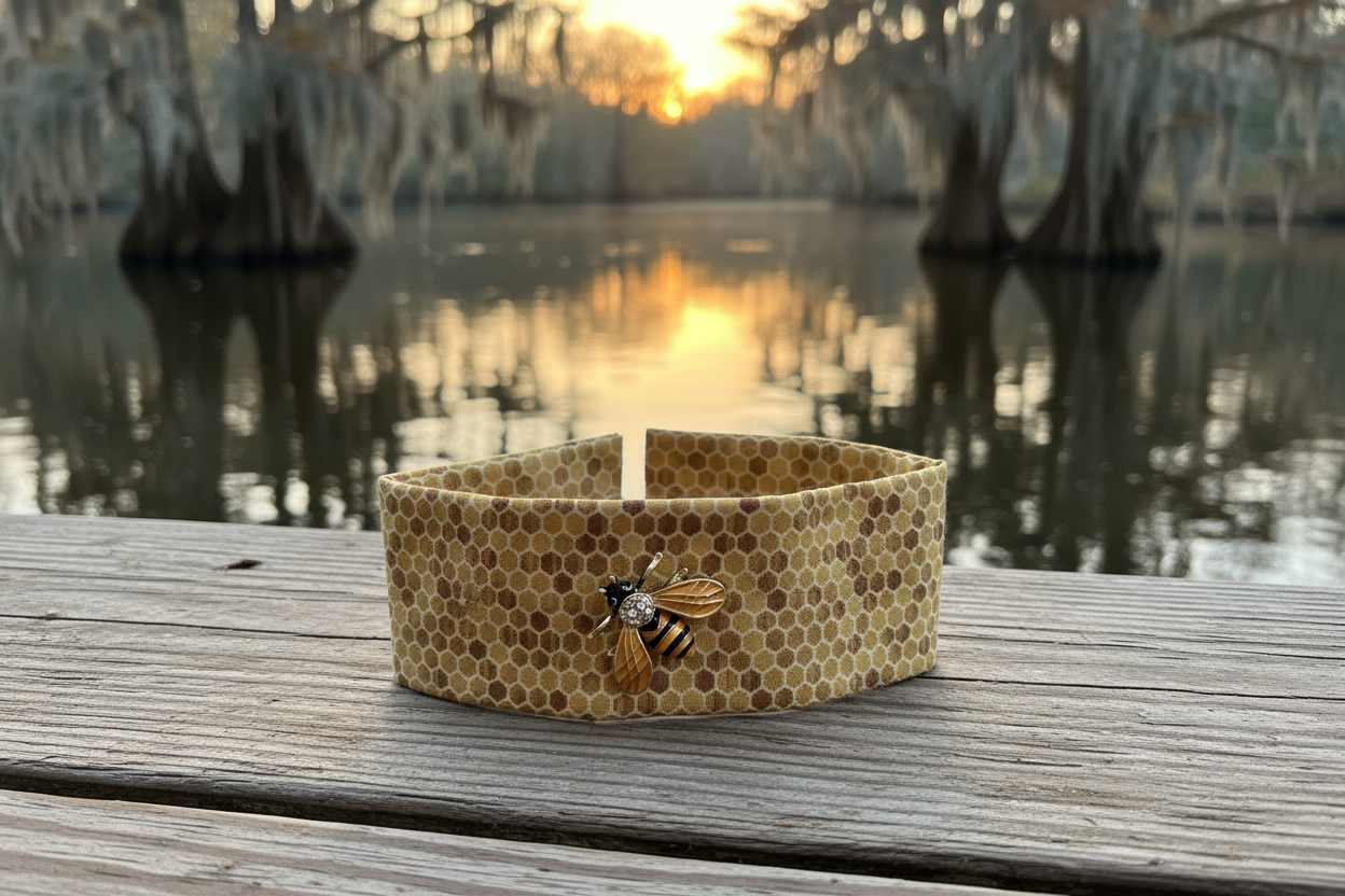 Queen Bee fabric wrist cuff on a Lowcountry river dock
