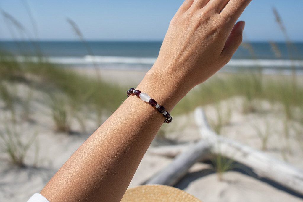 Frost on the Plums bracelet model shot