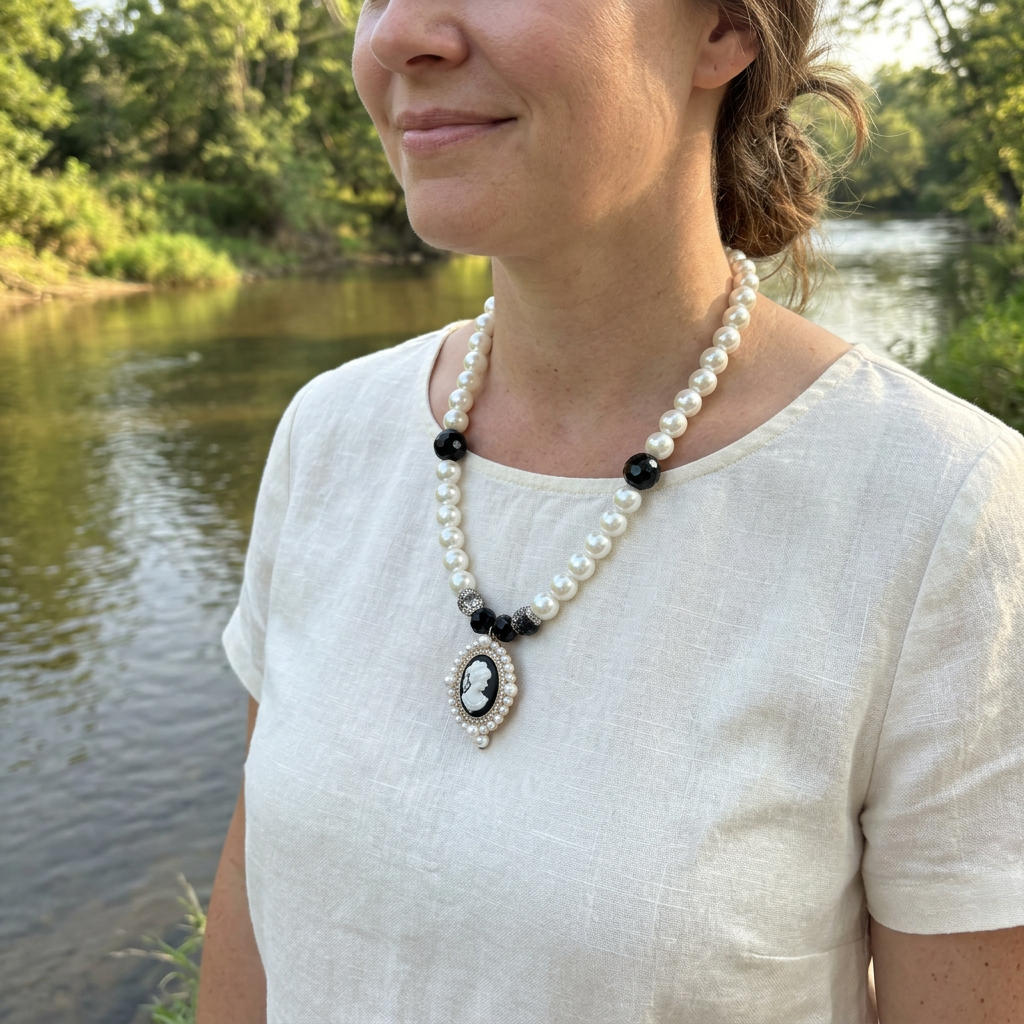 Debutante necklace modeled beside a river