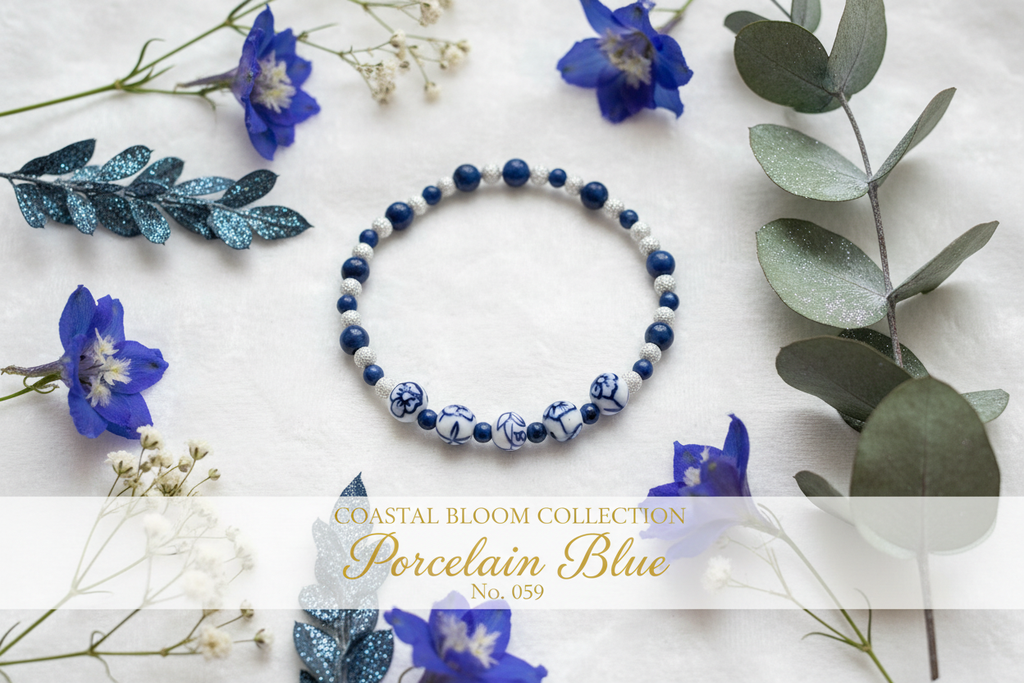 Porcelain Blue beaded stretch bracelet — Coastal Bloom Collection No. 059