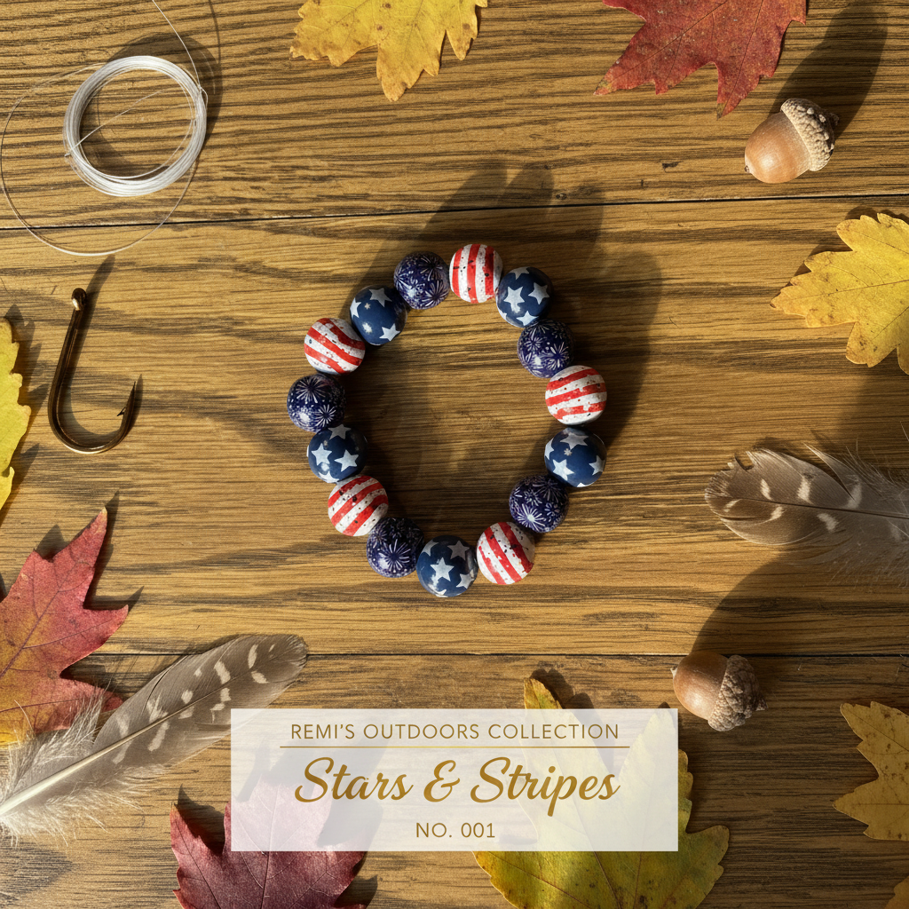 Stars & Stripes patriotic beaded stretch bracelet with bold stars, stripes, and fireworks beads in red, white, and blue — Remi's Outdoors Collection No. 001