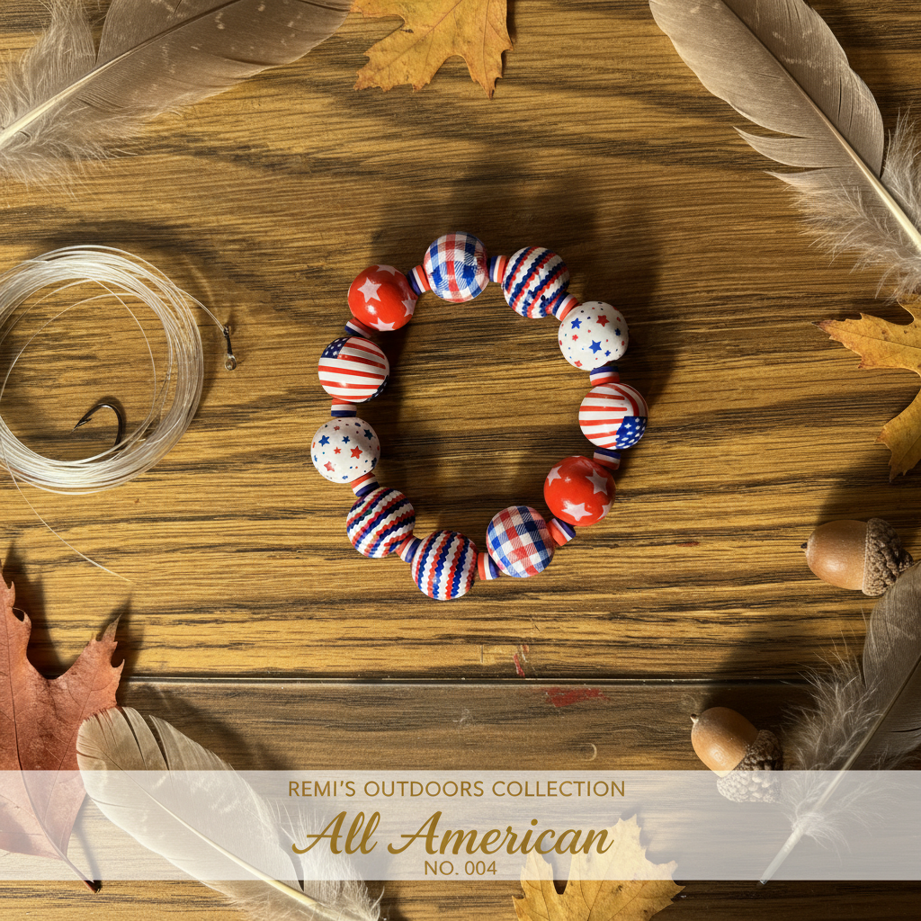 All American patriotic beaded stretch bracelet with plaid, stripe, and star patterned beads — Remi's Outdoors Collection No. 004