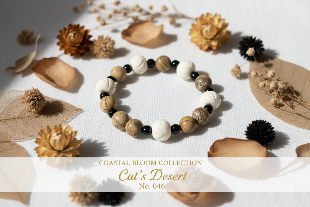 Cat's Desert beaded stretch bracelet with carved scarab beads — Coastal Bloom Collection No. 046
