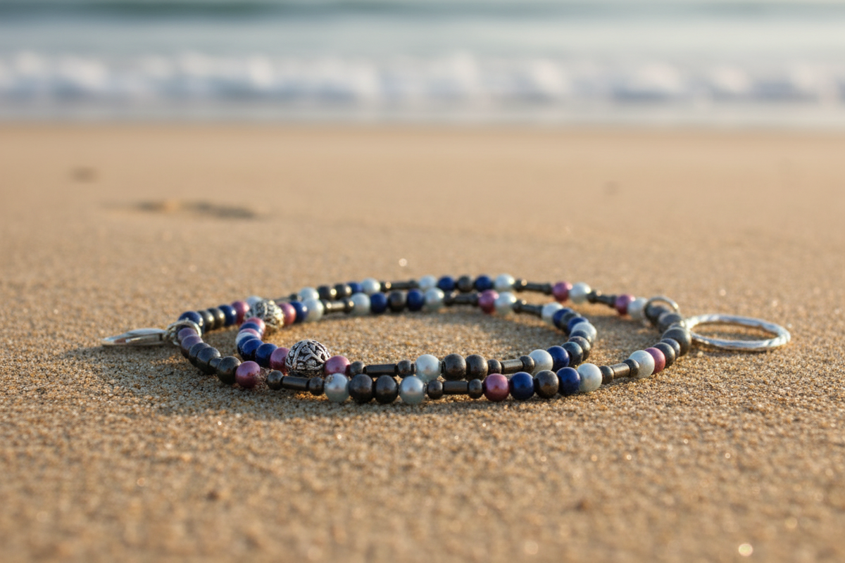 Navy Cashmere Wrist & Wander Collection No. 013 beach shot