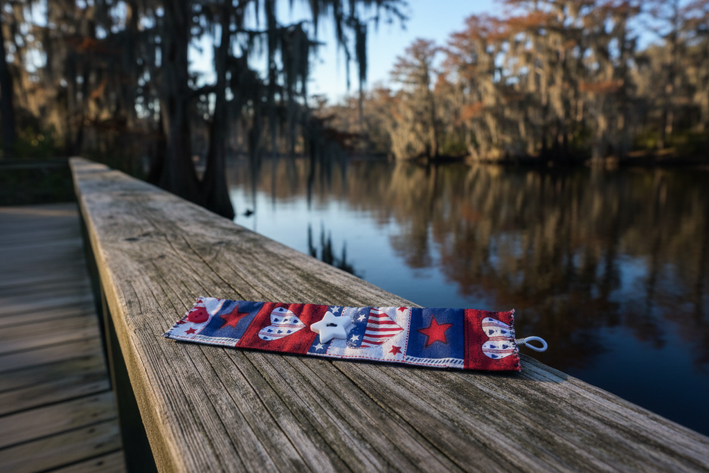 Star Filled Sky fabric wrist cuff on a Lowcountry river dock