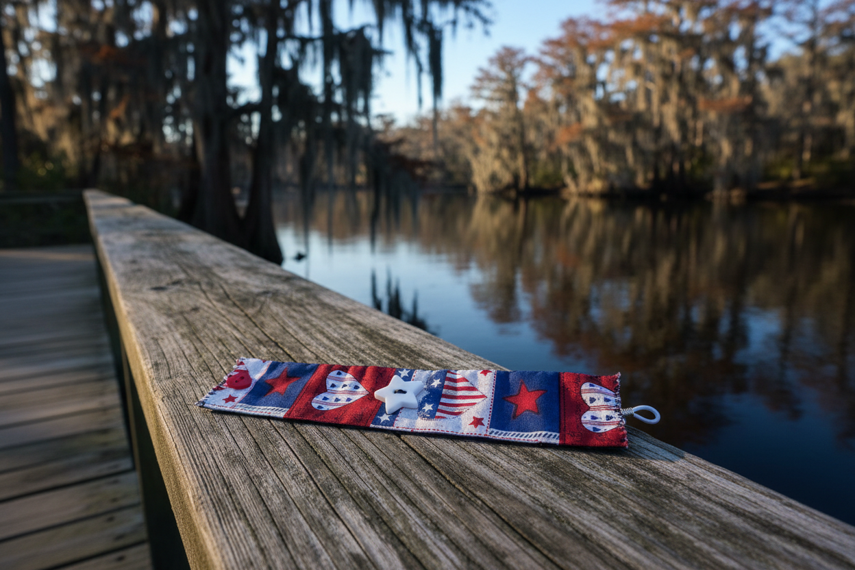 Star Filled Sky fabric wrist cuff on a Lowcountry river dock