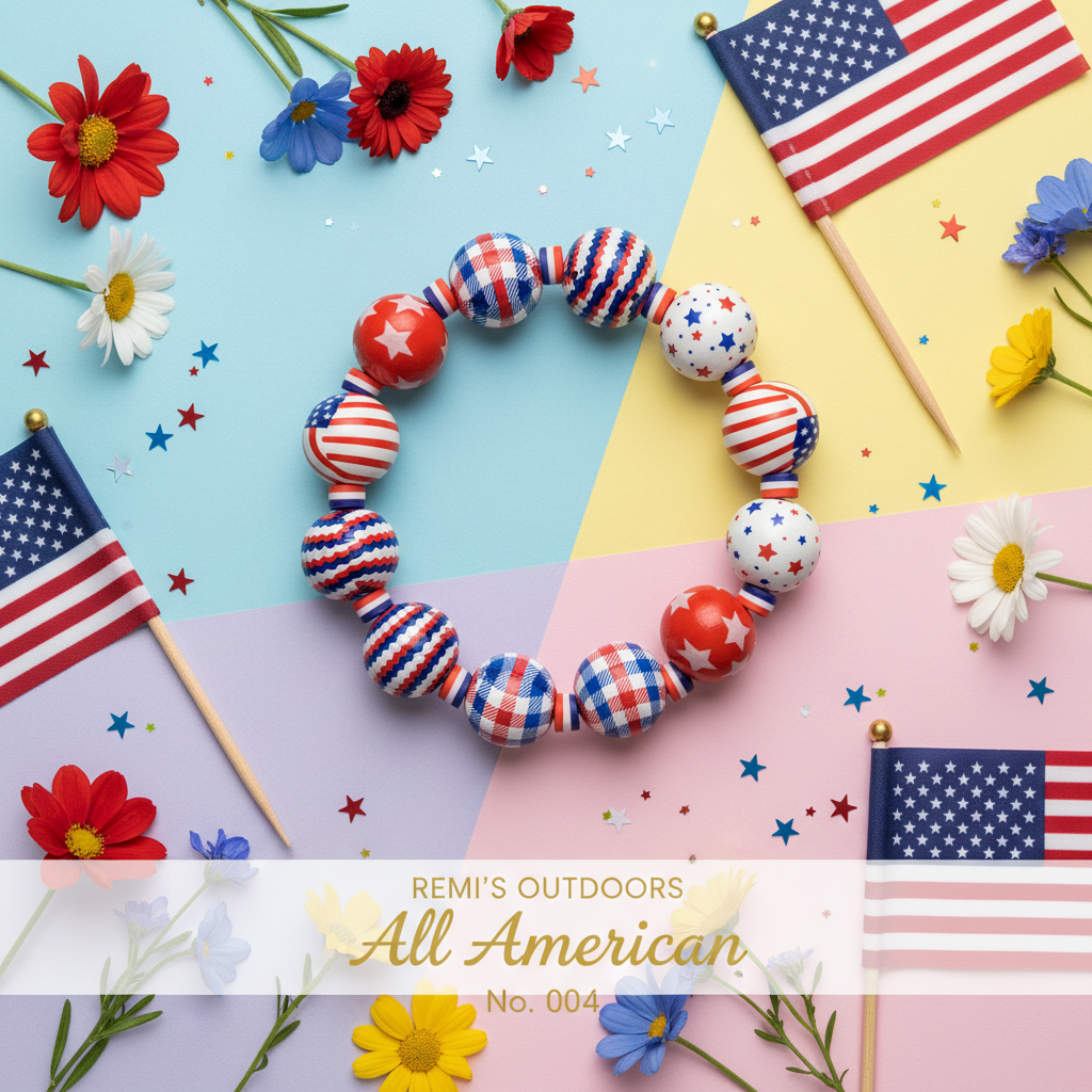 Chunky red white and blue patriotic stretch bracelet with stars stripes and flag bead designs