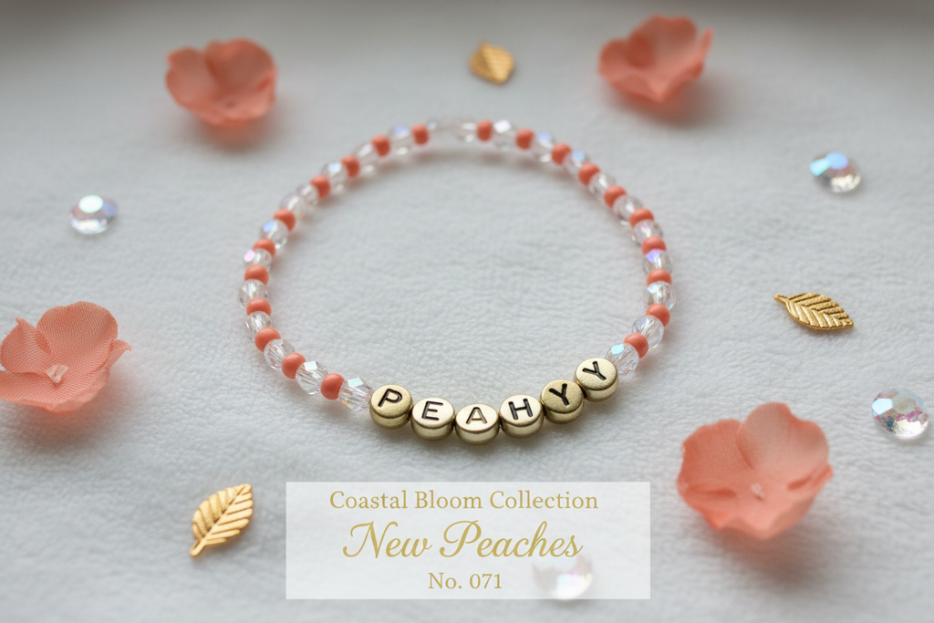 New Peaches AB crystal PEACHY word beaded stretch bracelet — Coastal Bloom Collection No. 071